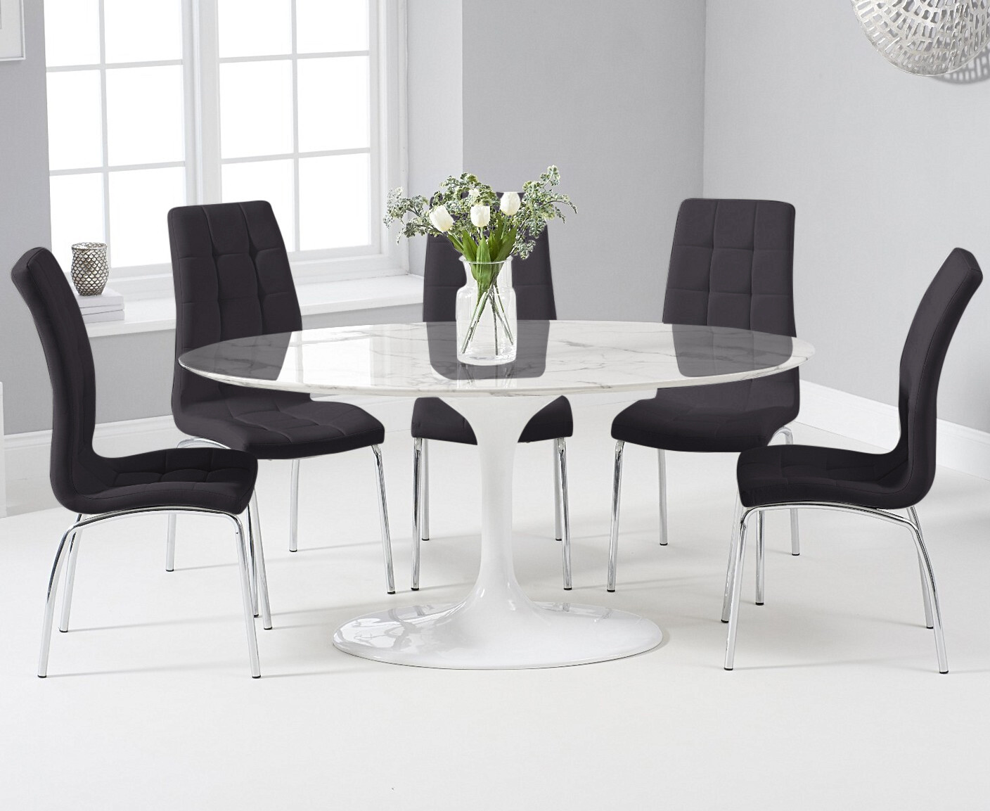 Photo 2 of Brighton 160cm marble oval white dining table with 6 grey enzo chairs