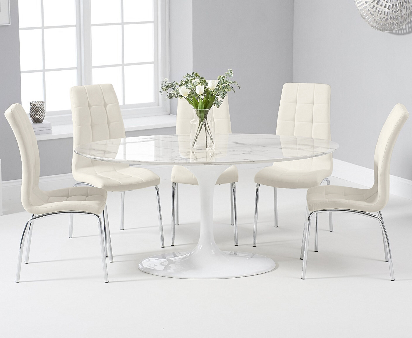 Photo 1 of Brighton 160cm marble oval white dining table with 4 white enzo chairs