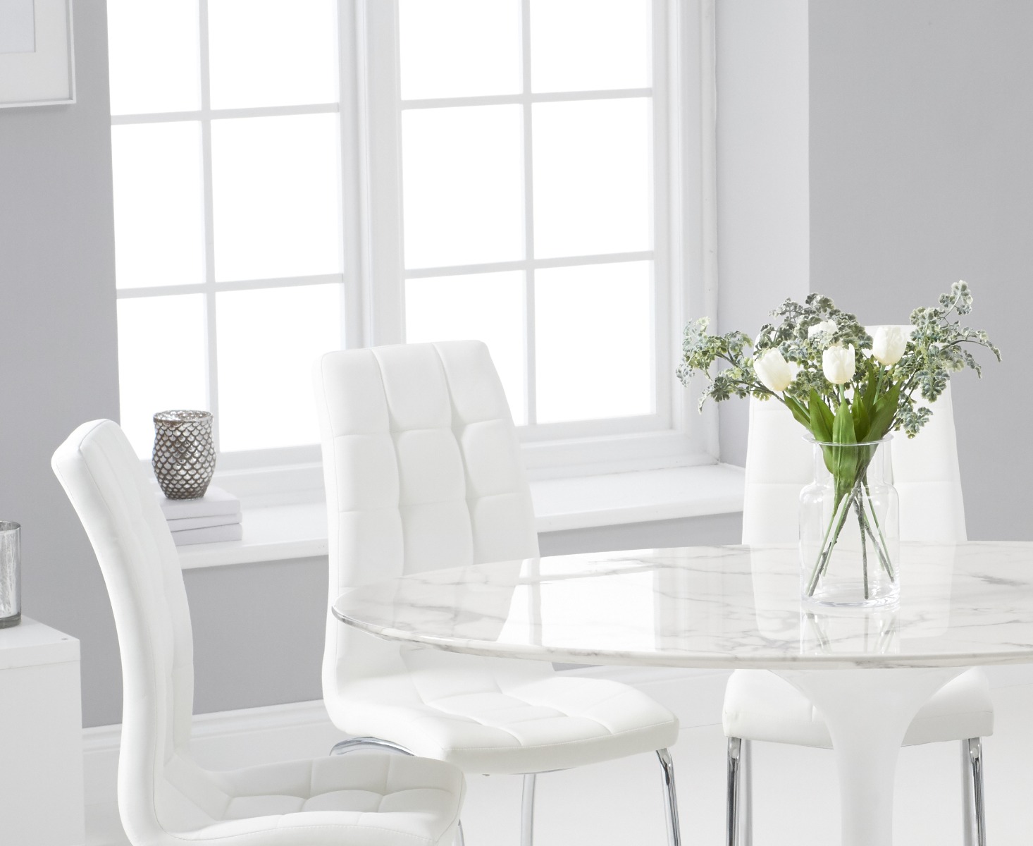 Photo 1 of Brighton 160cm oval white marble dining table with 6 red enzo dining chairs