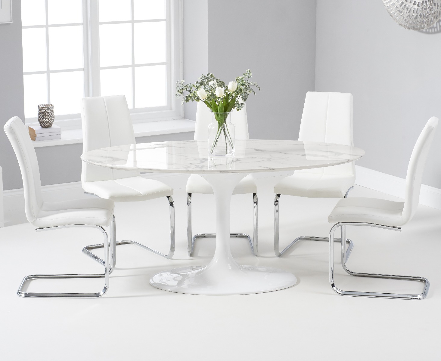 Product photograph of Brighton 160cm Oval White Marble Dining Table With 6 Grey Gianni Dining Chairs from Oak Furniture Superstore