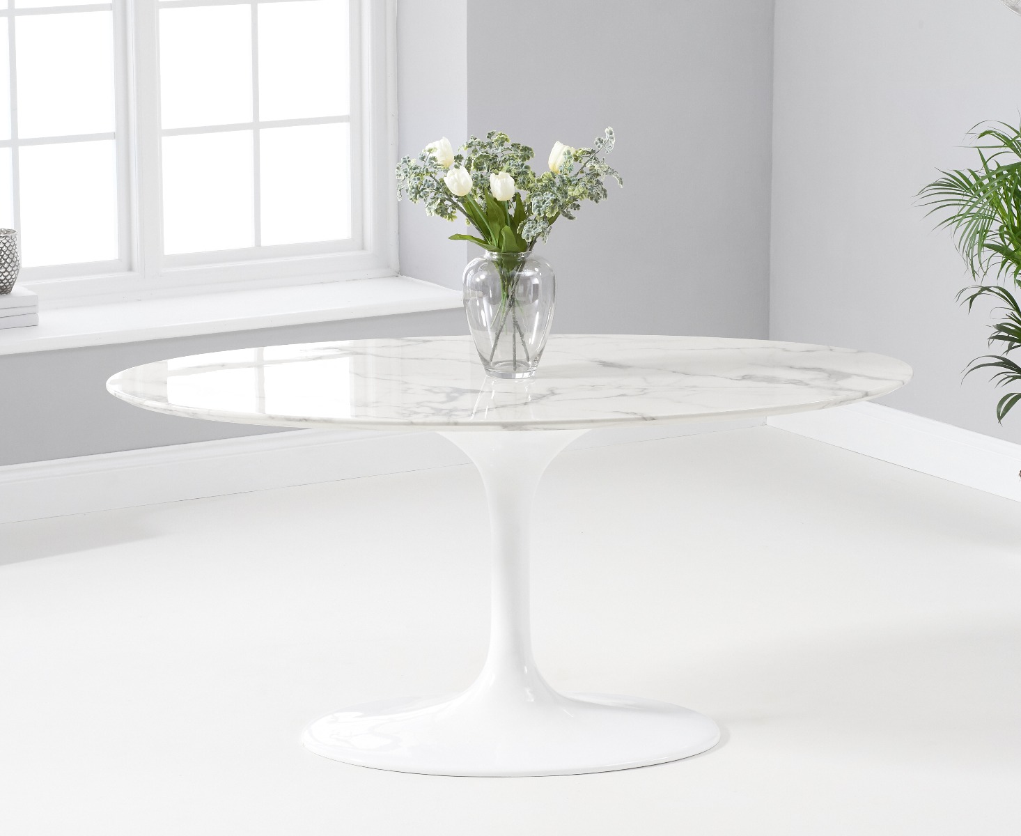 Photo 2 of Brighton 160cm oval white marble dining table with 6 grey vigo dining chairs