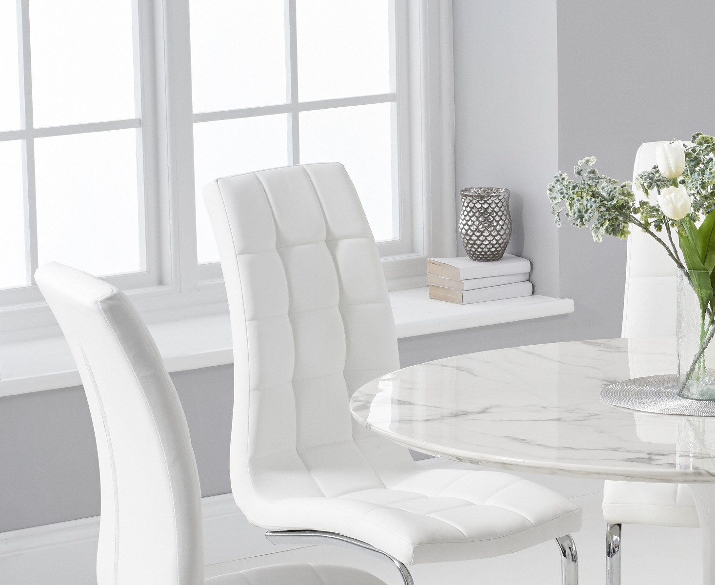 Photo 1 of Brighton 120cm round white marble dining table with 4 grey vigo dining chairs
