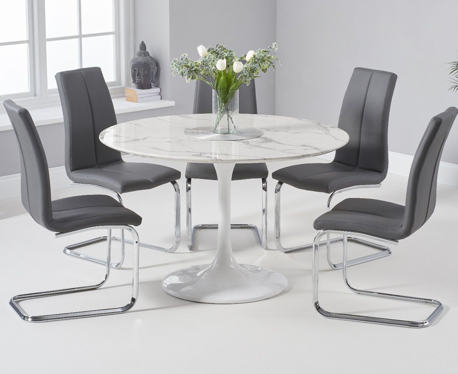 Brighton 120cm Round Marble White Dining Table With 2 Grey Gianni Chairs
