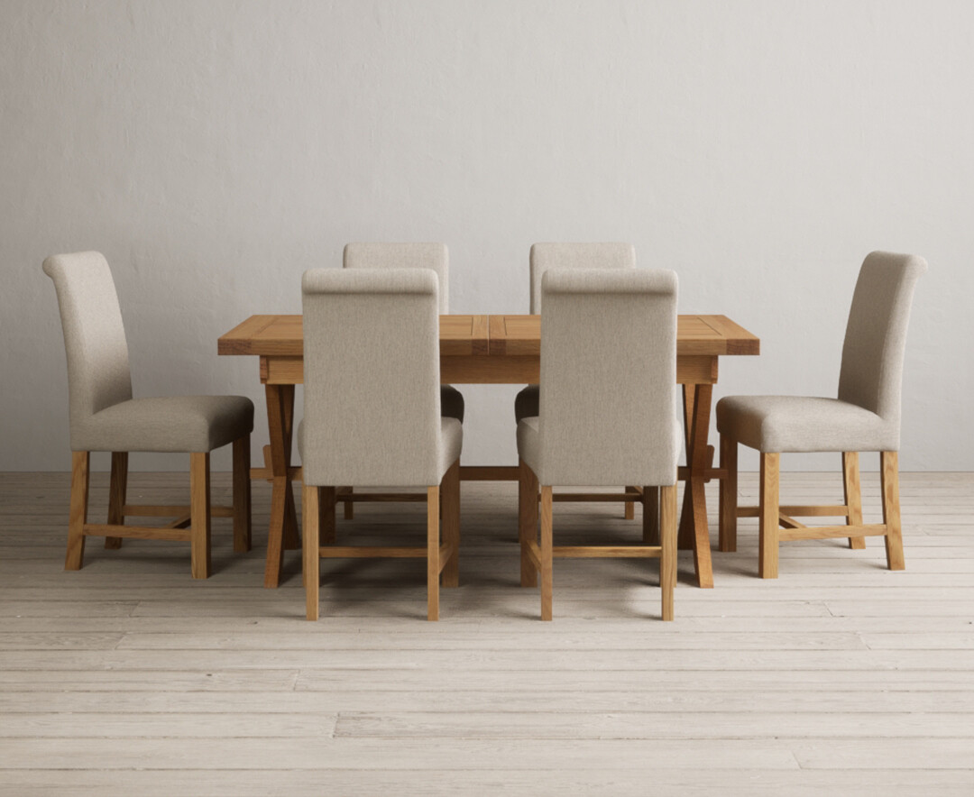 Extending Buckley 160cm Solid Oak Dining Table With 8 Grey Scroll Back Chairs