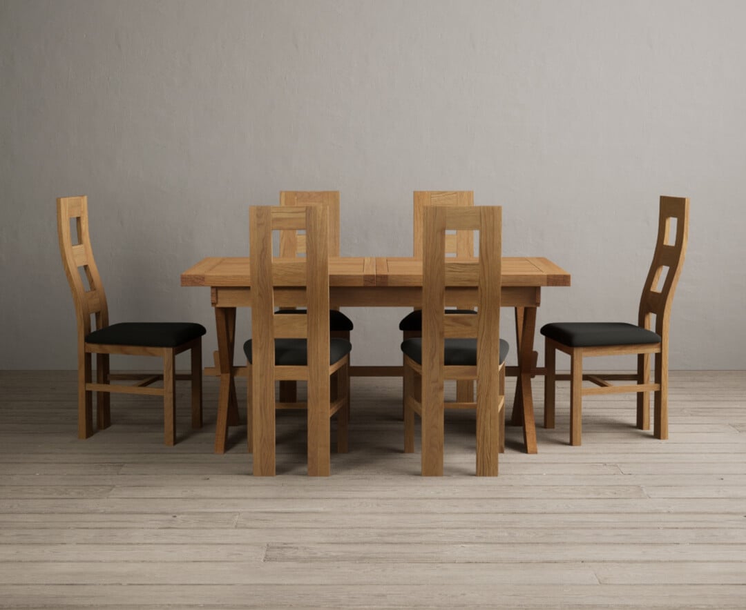 Extending Buckley 160cm Solid Oak Dining Table With 6 Cream Natural Solid Oak Chairs