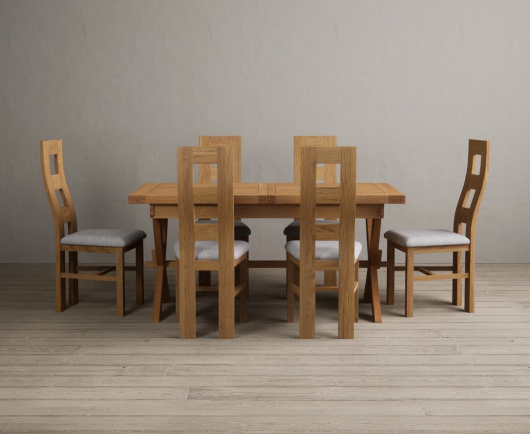 Extending Buckley 160cm Solid Oak Dining Table With 8 Light Grey Natural Chairs