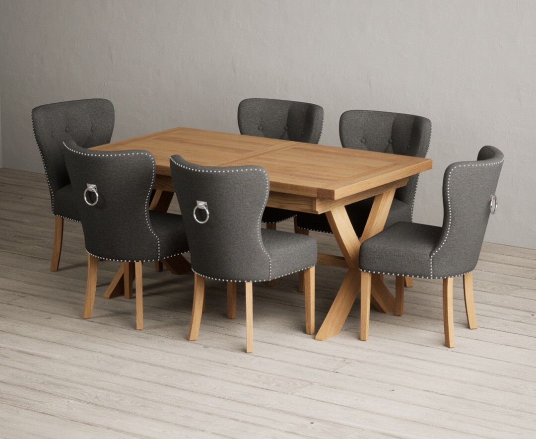 Product photograph of Extending Buckley 160cm Solid Oak Dining Table With 10 Grey Keswick Chairs from Oak Furniture Superstore