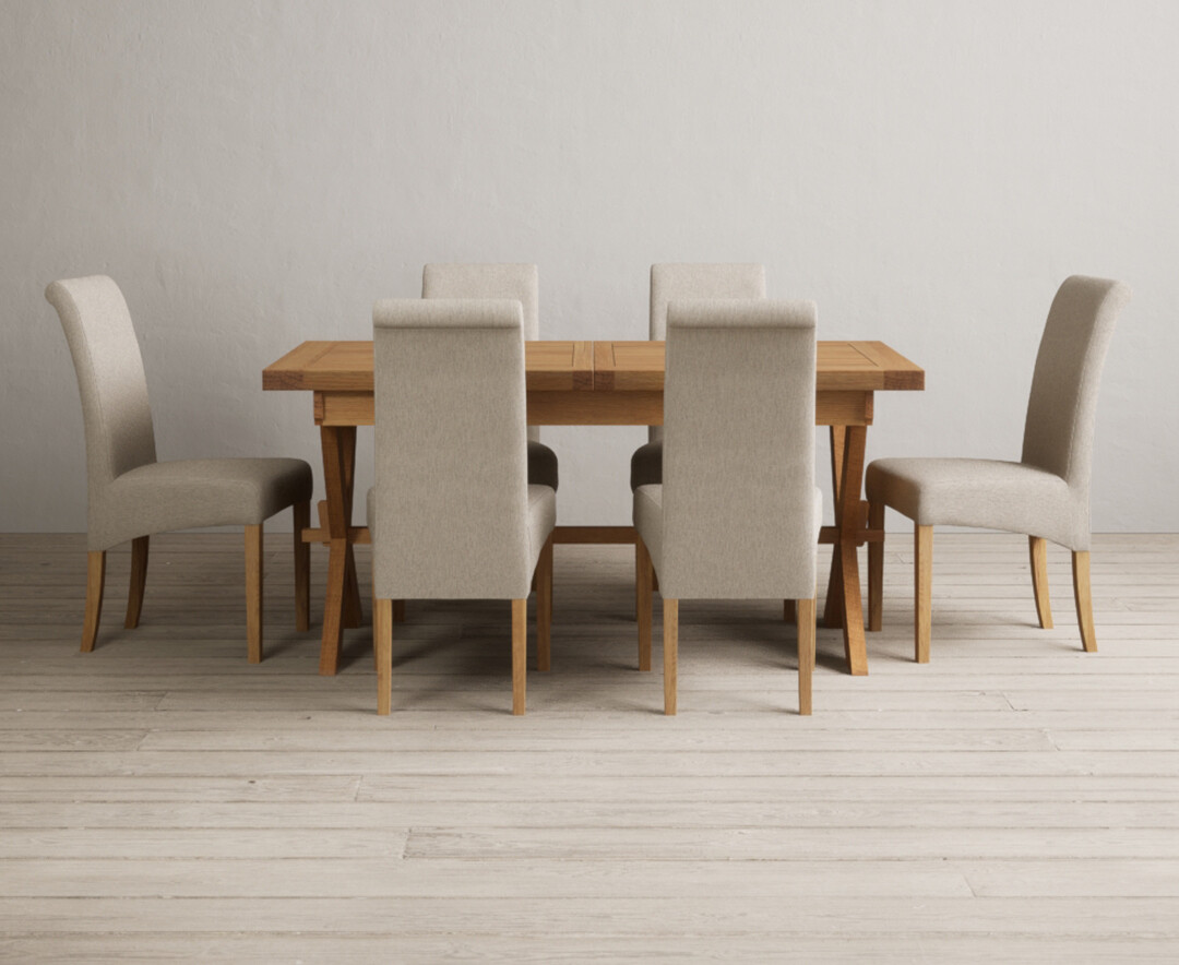 Extending Buckley 160cm Solid Oak Dining Table With 6 Grey Scroll Back Chairs
