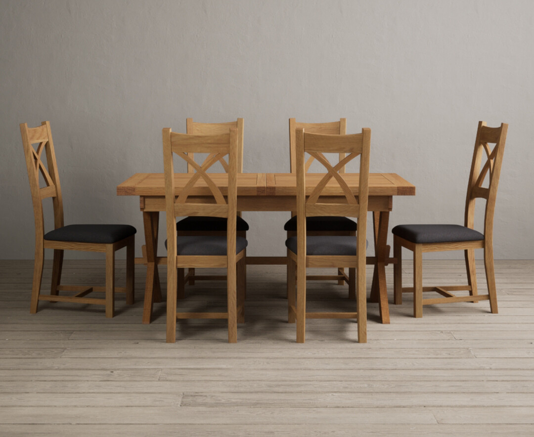Extending Buckley 160cm Solid Oak Dining Table With 8 Charcoal Grey Natural Solid Oak Chairs