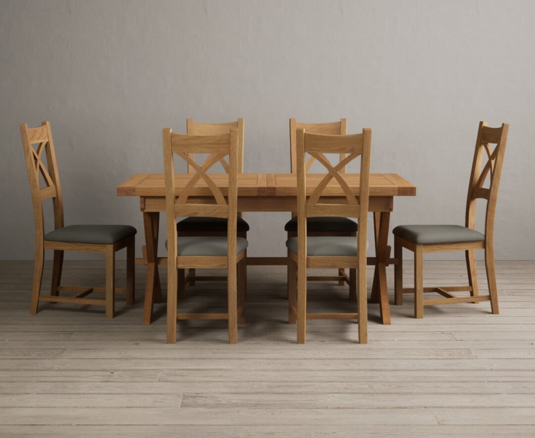 Extending Buckley 160cm Solid Oak Dining Table With 6 Grey Natural Solid Oak Chairs