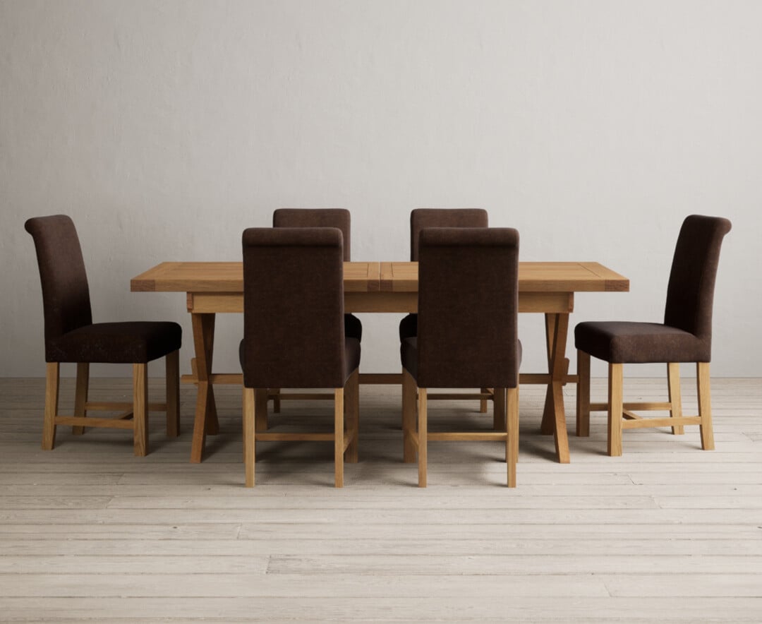 Extending Buckley 200cm Solid Oak Dining Table With 10 Brown Scroll Back Chairs