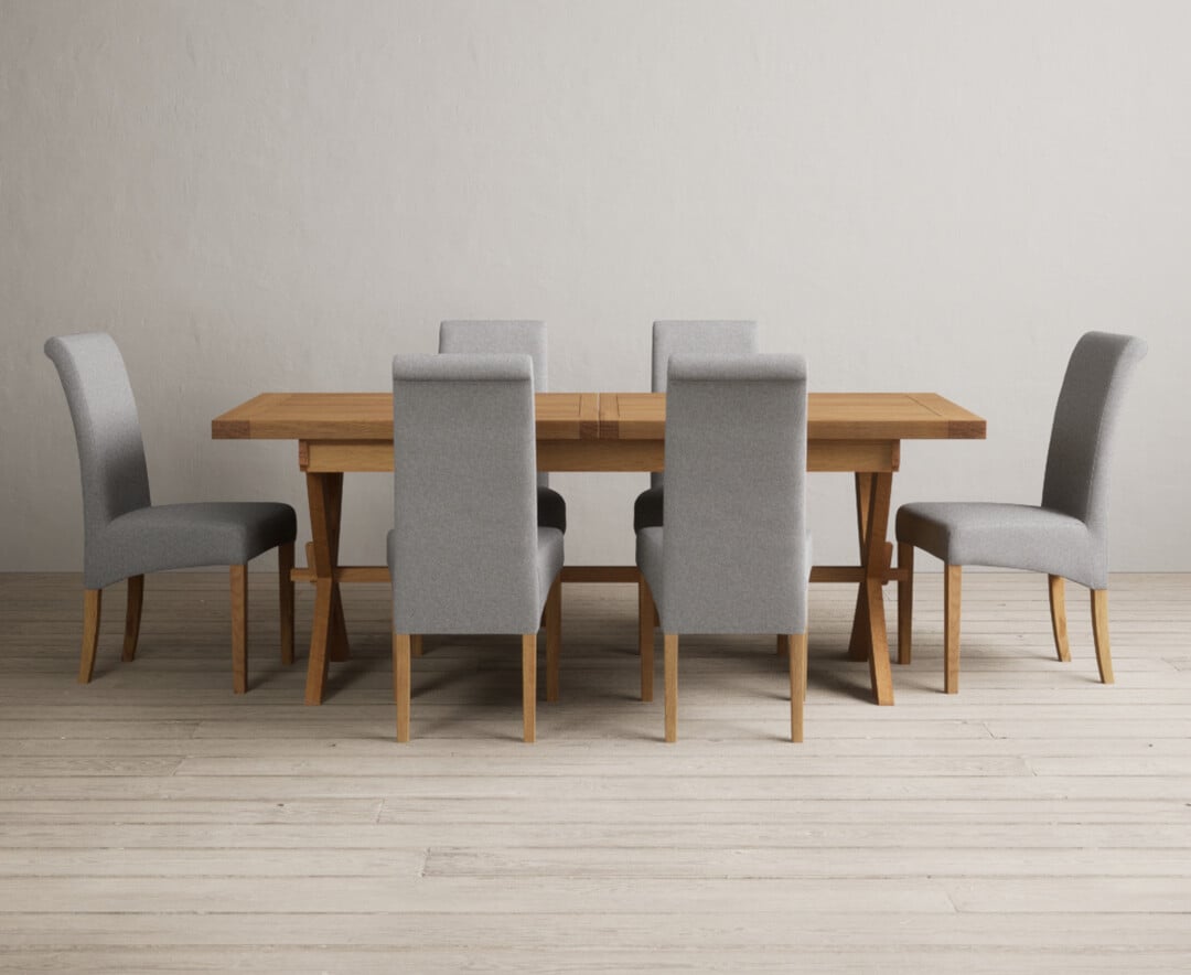 Extending Buckley 200cm Solid Oak Dining Table With 6 Blue Scroll Back Chairs