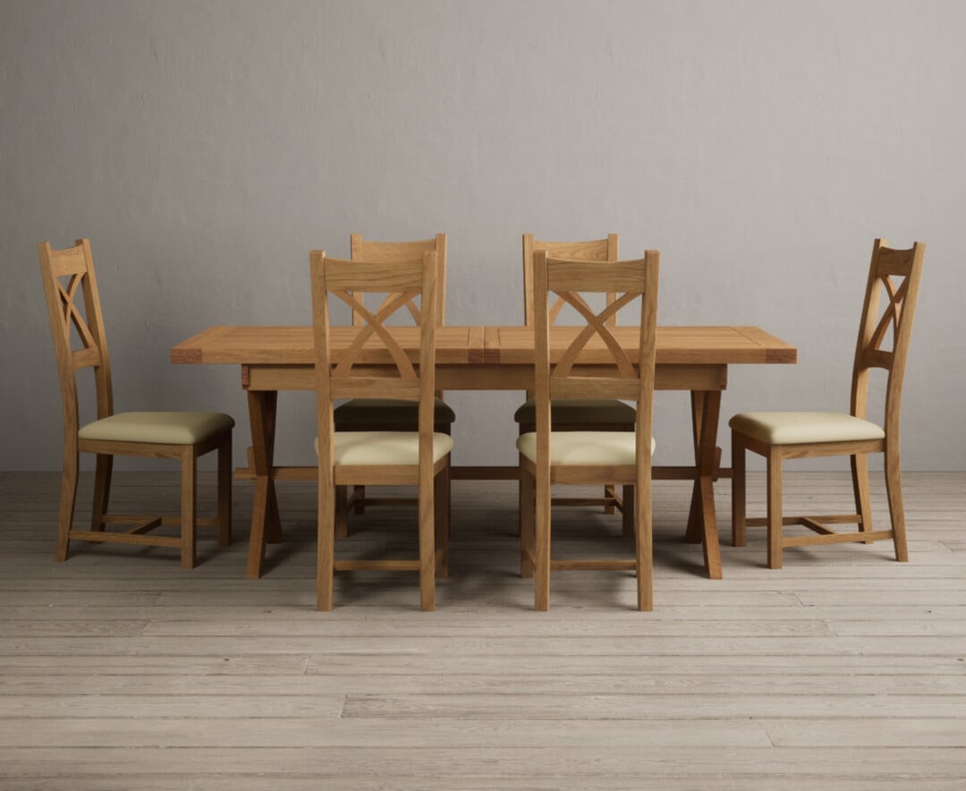 Extending Buckley 200cm Solid Oak Dining Table With 10 Cream Natural Solid Oak Chairs
