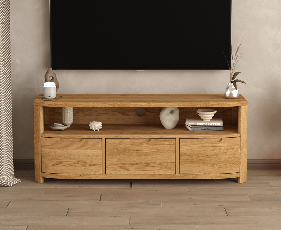Product photograph of Somerton Curved Solid Oak Large Tv Unit from Oak Furniture Superstore