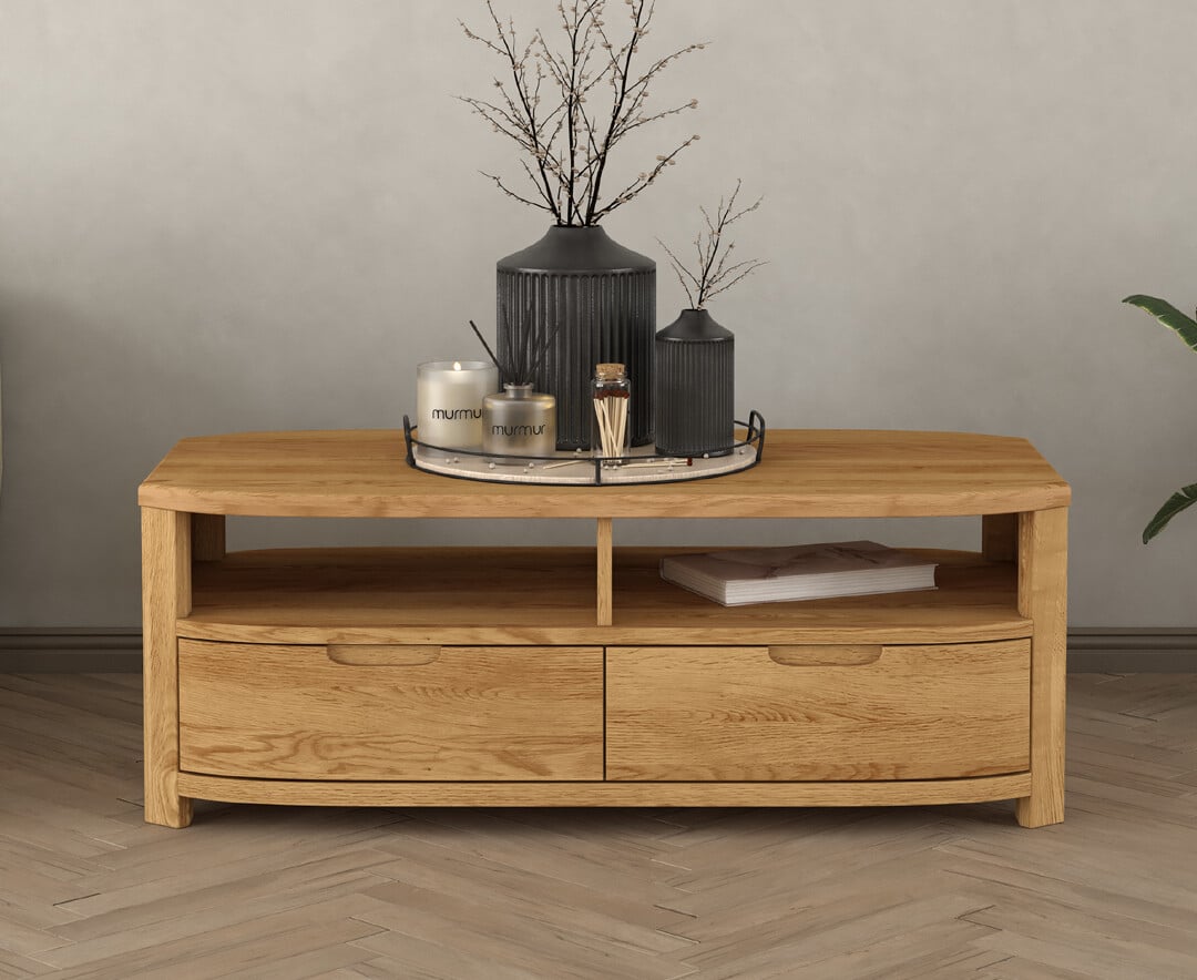 Product photograph of Somerton Curved Solid Oak 4 Drawer Coffee Table from Oak Furniture Superstore
