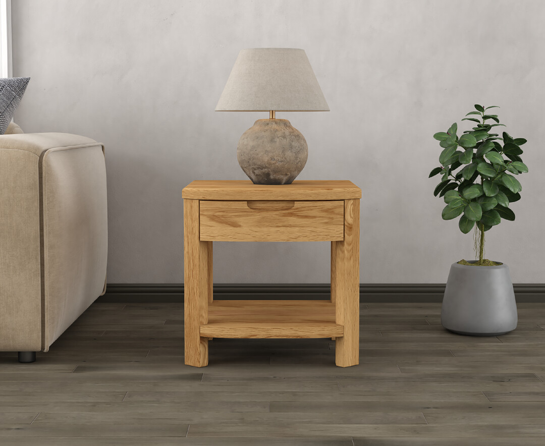 Product photograph of Somerton Curved Solid Oak 1 Drawer Lamp Table from Oak Furniture Superstore