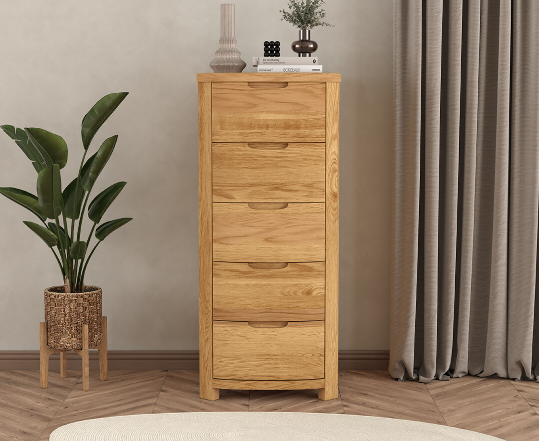 Product photograph of Somerton Curved Solid Oak 5 Drawer Tallboy from Oak Furniture Superstore
