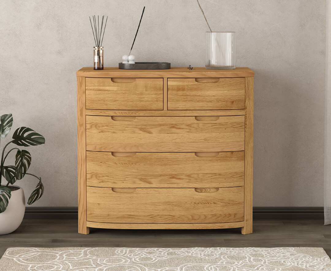 Product photograph of Somerton Curved Solid Oak 2 Over 3 Chest Of Drawers from Oak Furniture Superstore