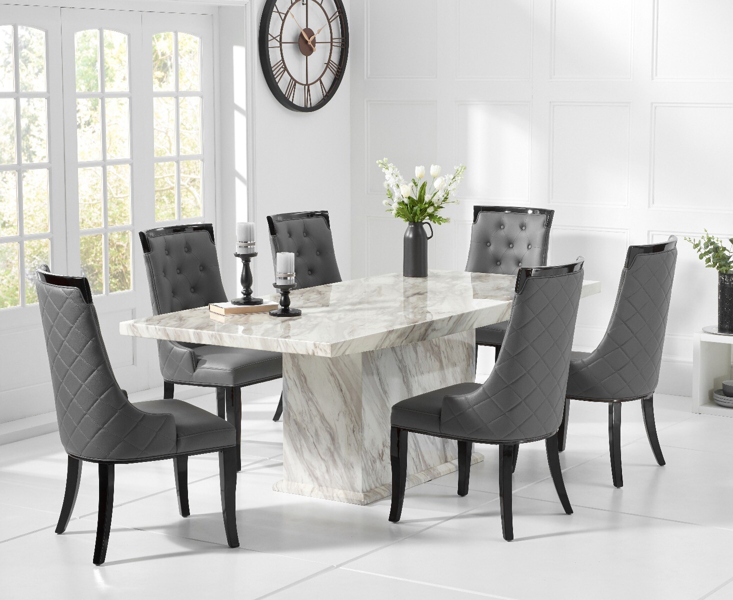 Product photograph of Marino 180cm Marble Dining Table With 8 Grey Francesca Chairs from Oak Furniture Superstore