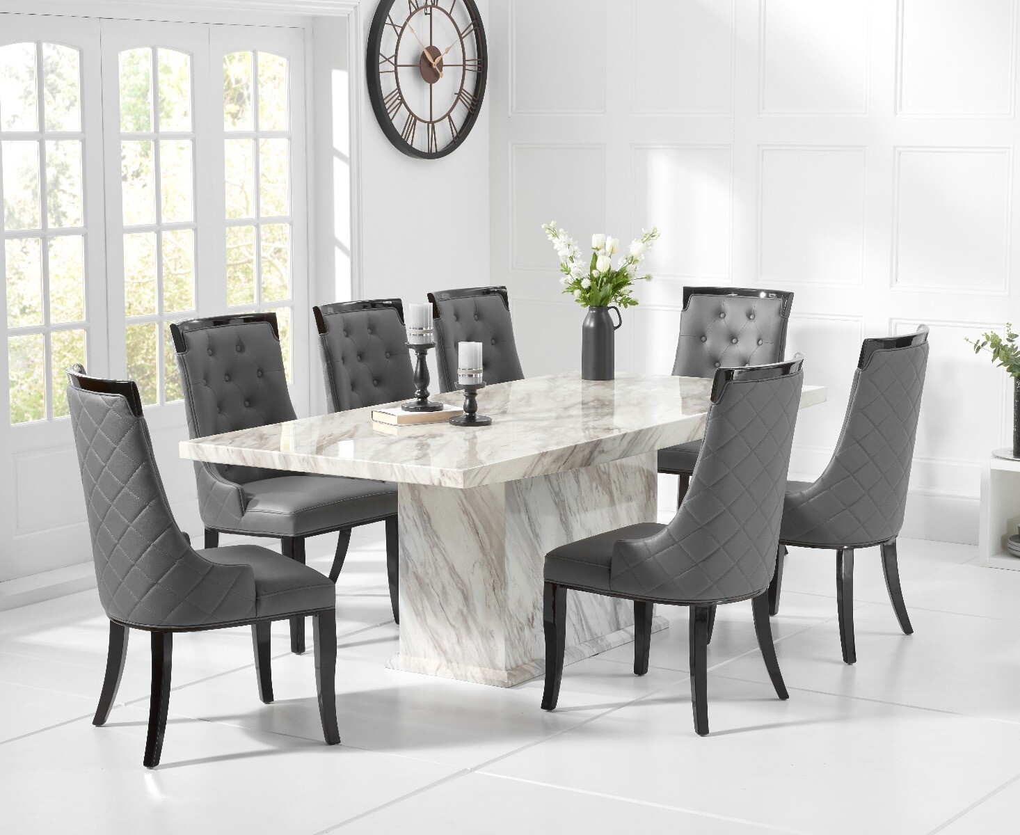Product photograph of Marino 220cm Marble-effect Dining Table With 6 Grey Francesca Chairs from Oak Furniture Superstore