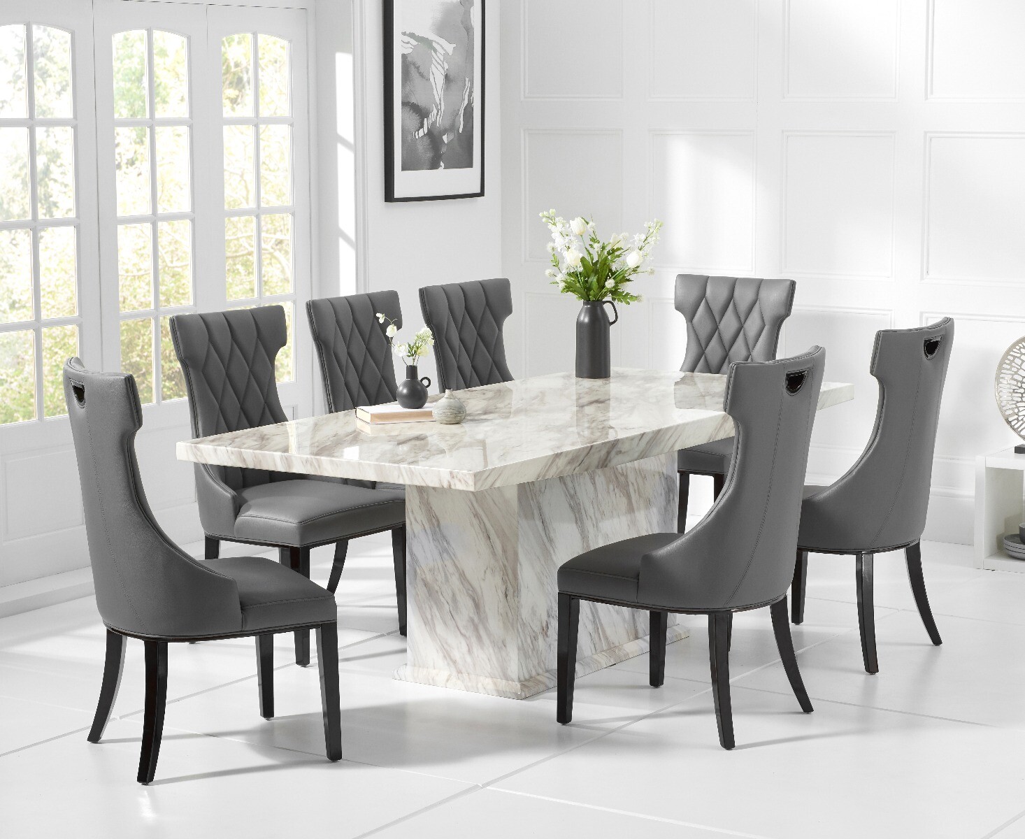 Product photograph of Marino 220cm Marble-effect Dining Table With 12 Grey Sophia Chairs from Oak Furniture Superstore