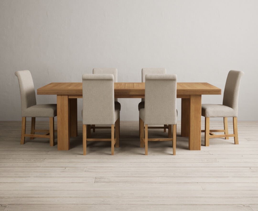 Extending Callington 230cm Oak Dining Table With 6 Brown Scroll Back Chairs