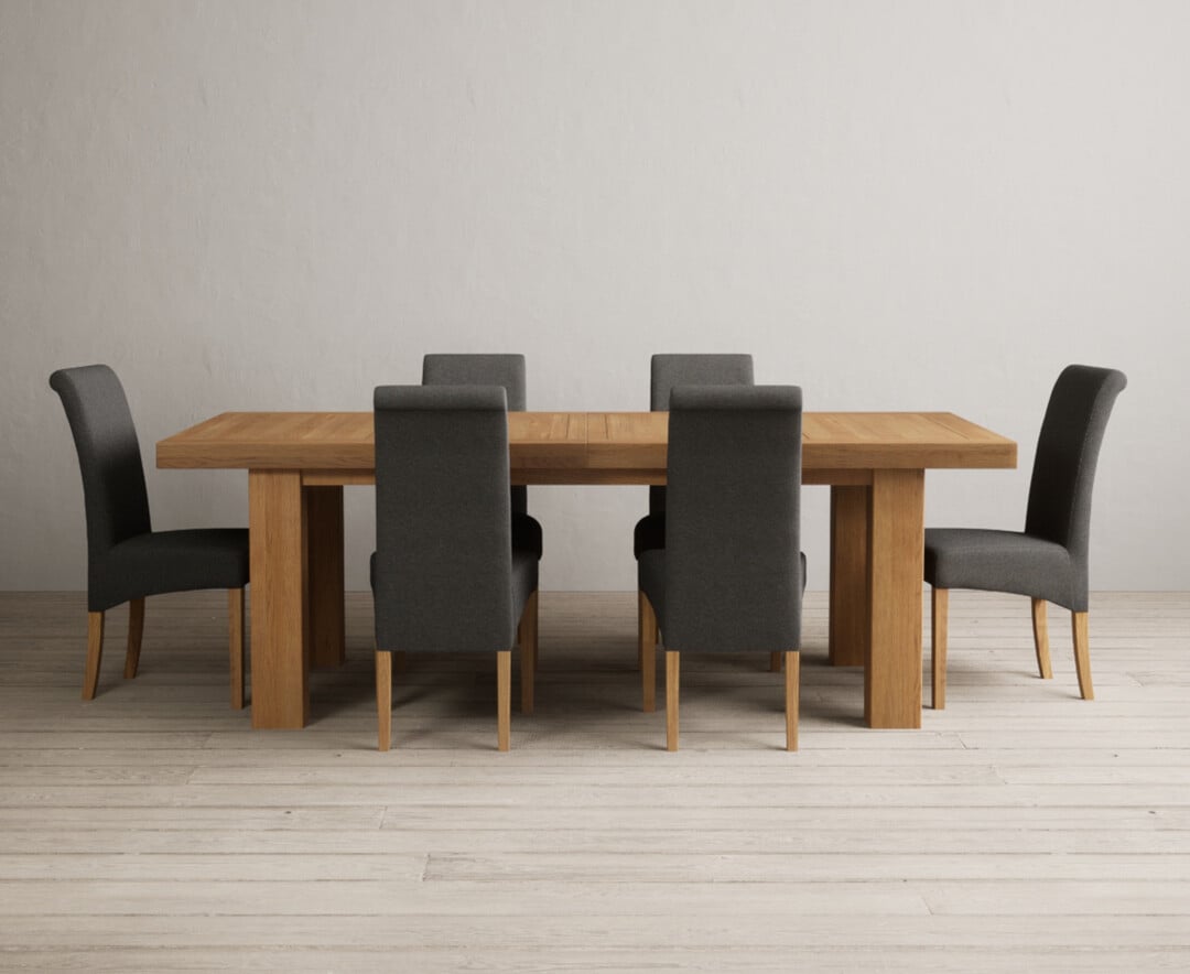 Extending Callington 230cm Oak Dining Table With 8 Blue Scroll Back Chairs