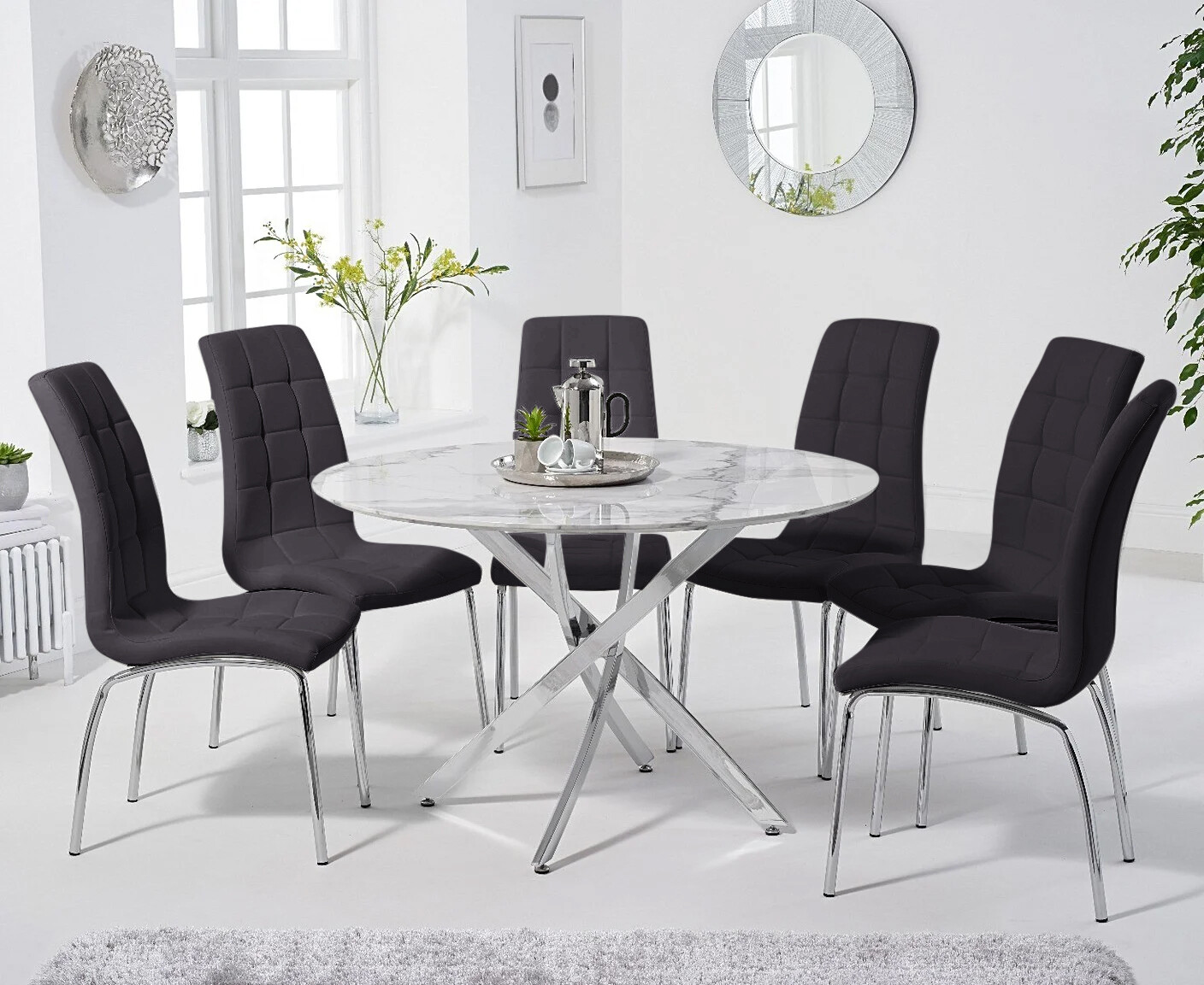 Photo 1 of Carter 120cm round white marble table with 6 black enzo chairs
