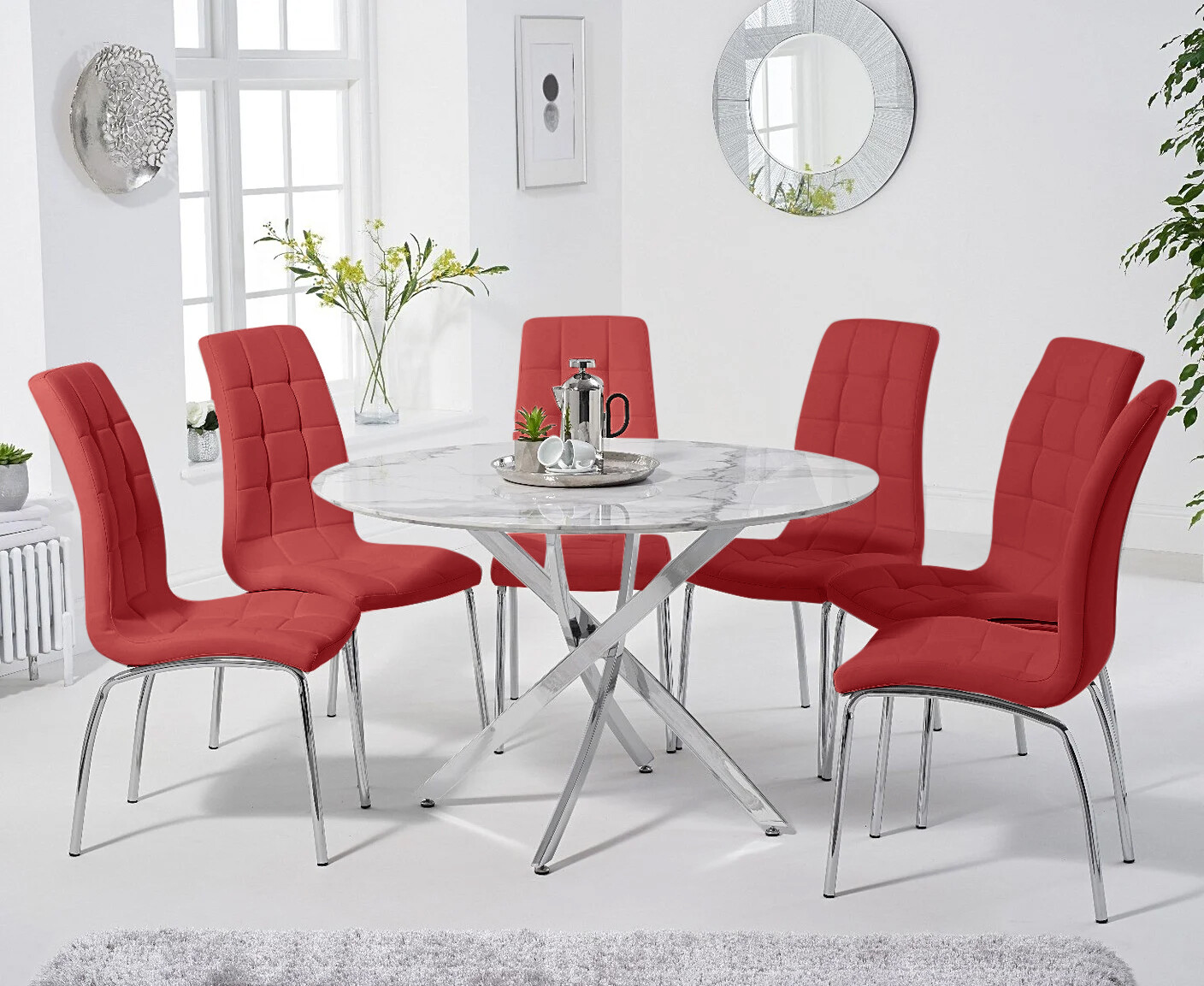 Photo 2 of Carter 120cm round white marble table with 4 red enzo chairs
