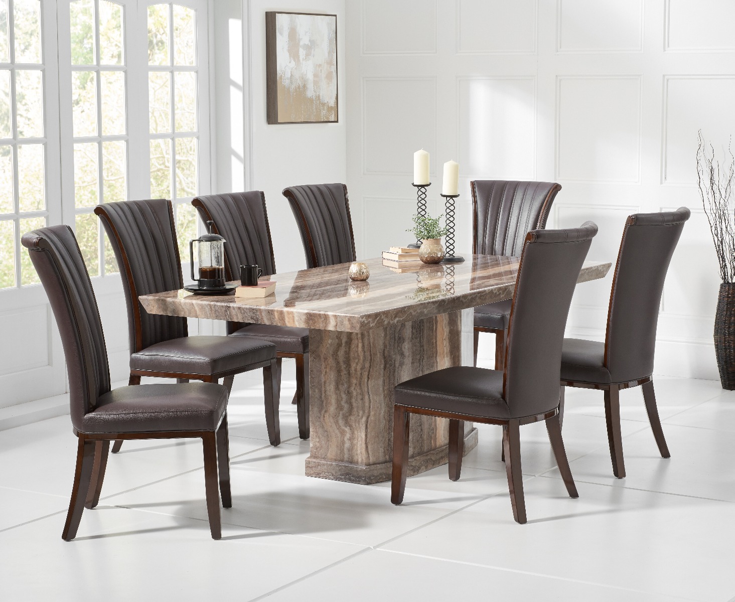 Product photograph of Carvelle 200cm Brown Pedestal Marble Dining Table With 8 Brown Alpine Chairs from Oak Furniture Superstore