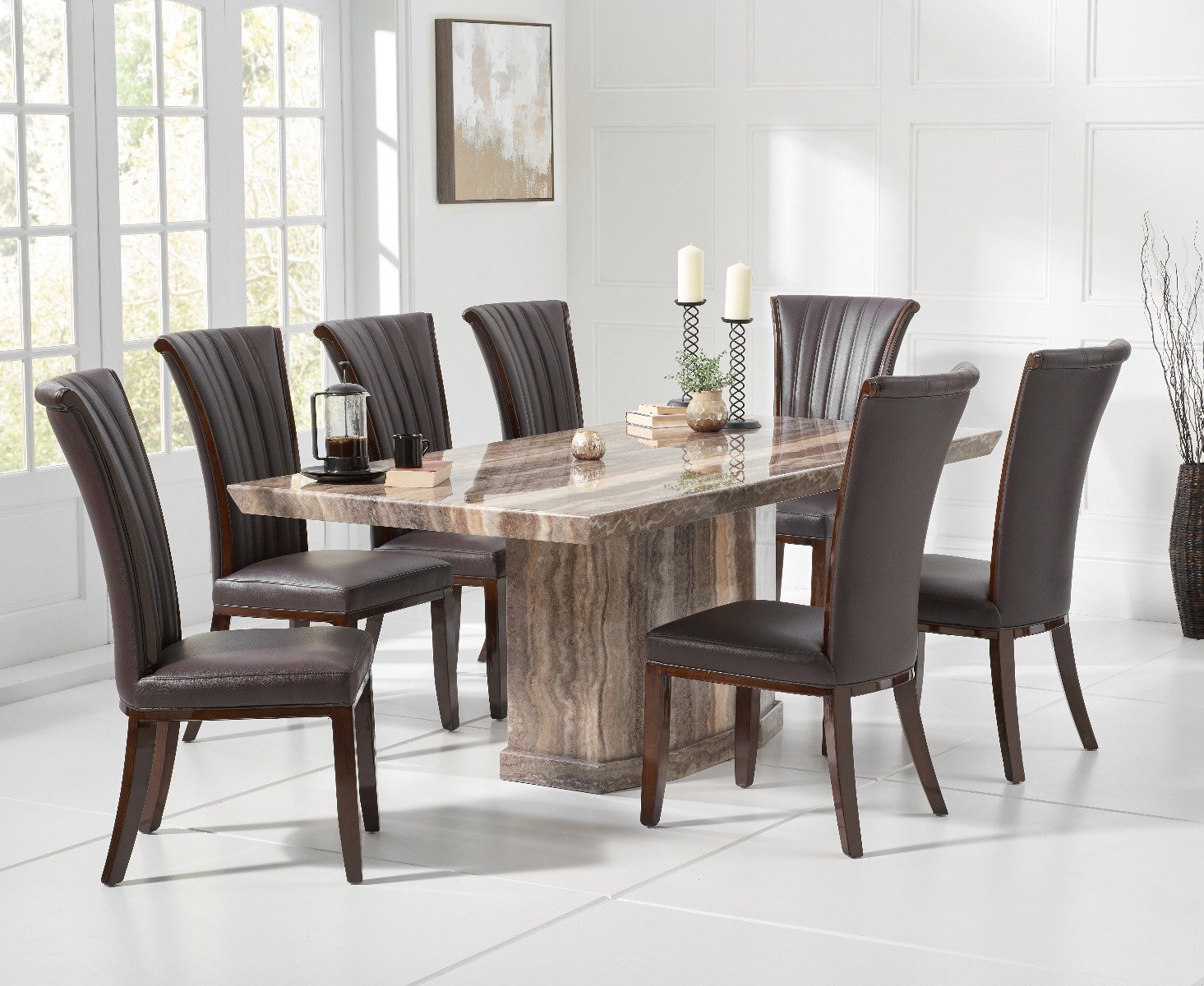 Product photograph of Carvelle 200cm Brown Pedestal Marble Dining Table With 6 Brown Chairs from Oak Furniture Superstore