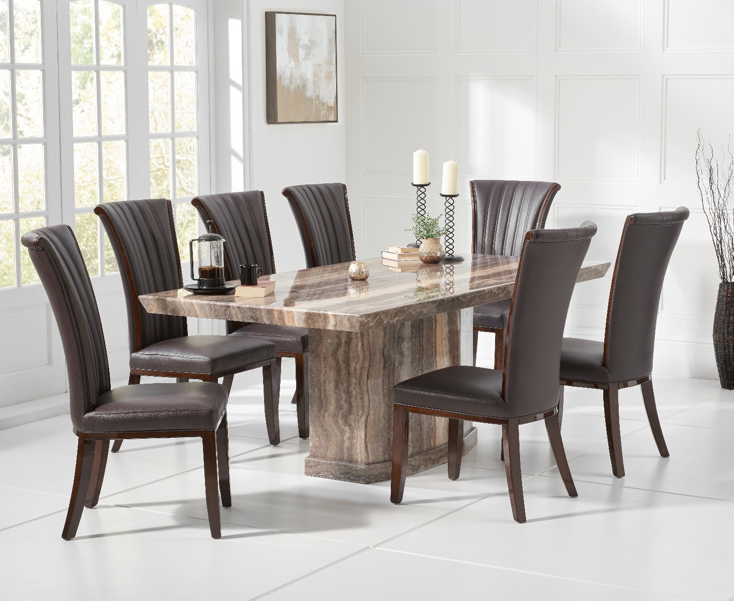 Carvelle 160cm Brown Pedestal Marble Dining Table With 4 Brown Alpine Chairs