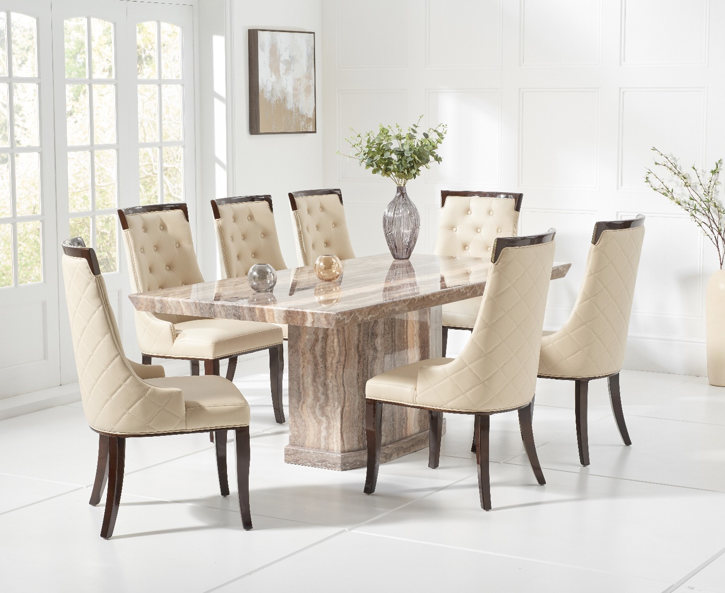 Product photograph of Carvelle 200cm Brown Pedestal Marble Dining Table With 6 Cream Francesca Chairs from Oak Furniture Superstore