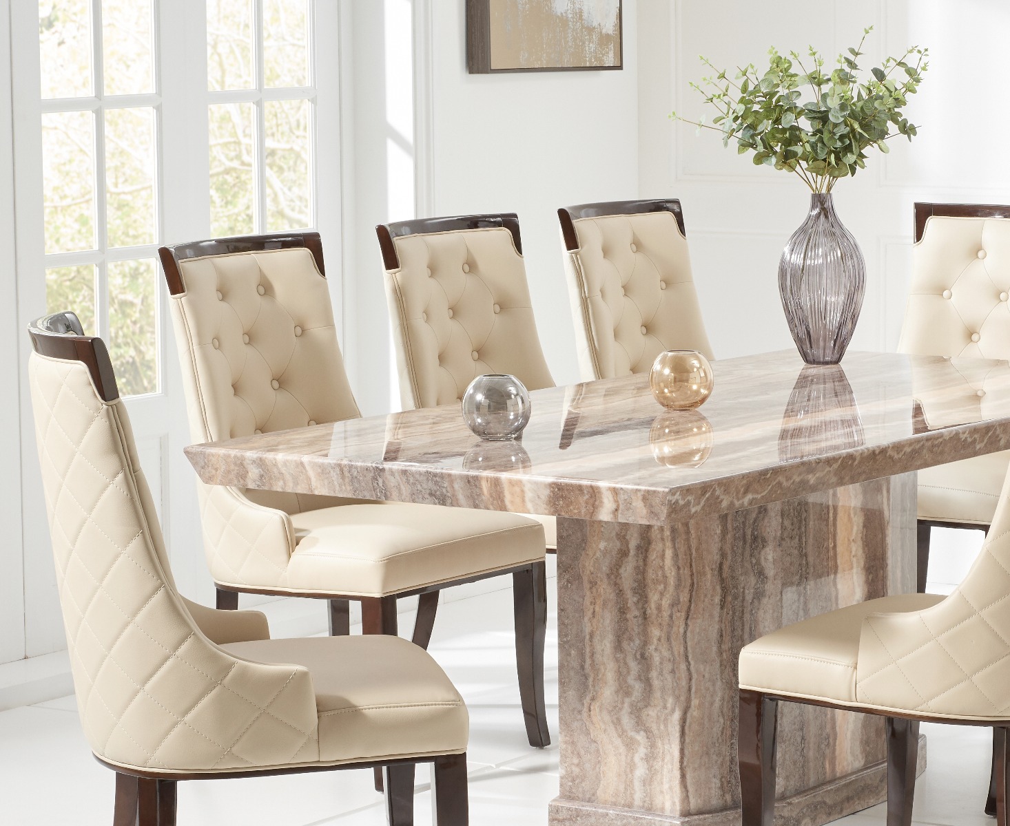 Photo 1 of Carvelle 160cm brown pedestal marble dining table with 8 cream francesca chairs