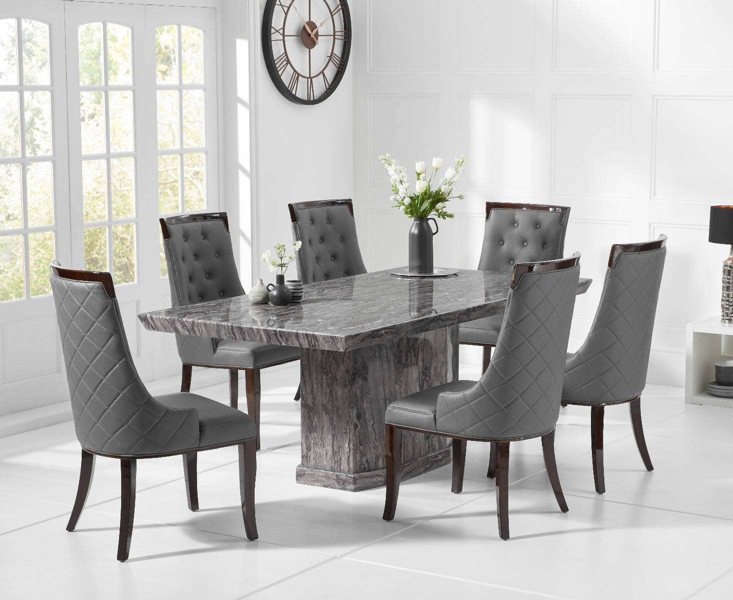 Product photograph of Carvelle 160cm Grey Pedestal Marble Dining Table With 6 Grey Francesca Chairs from Oak Furniture Superstore