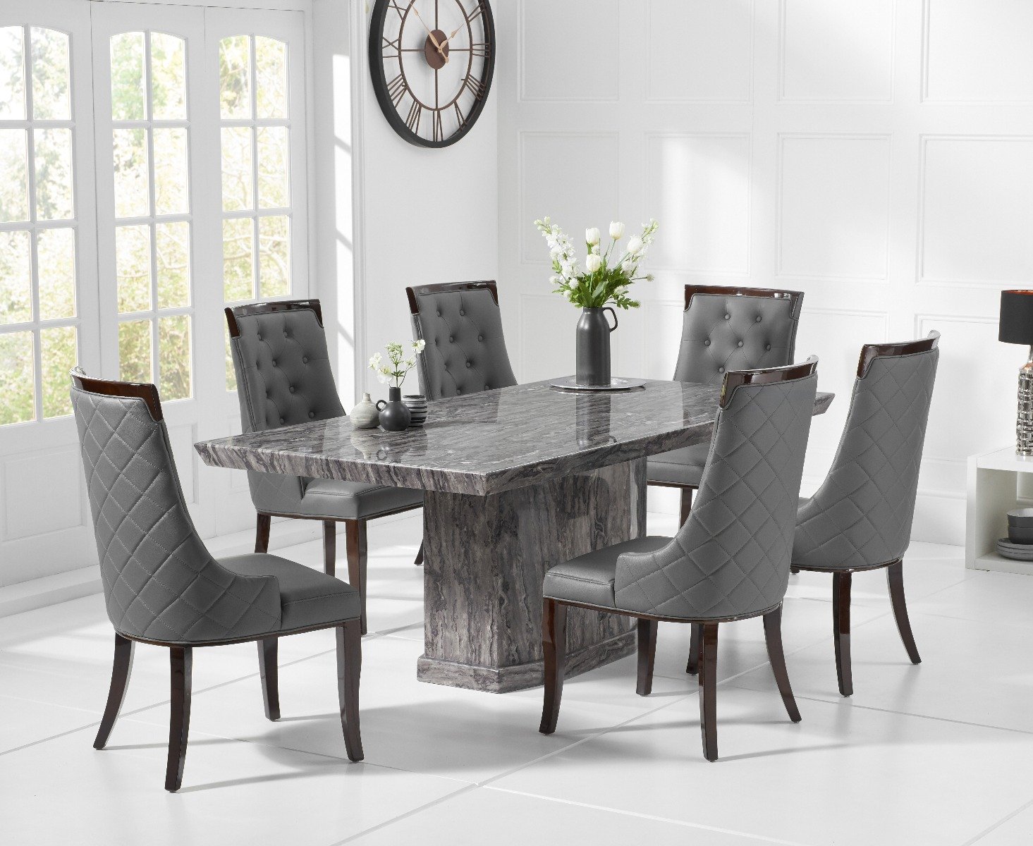 Carvelle 160cm Grey Pedestal Marble Dining Table With 8 Grey Francesca Chairs