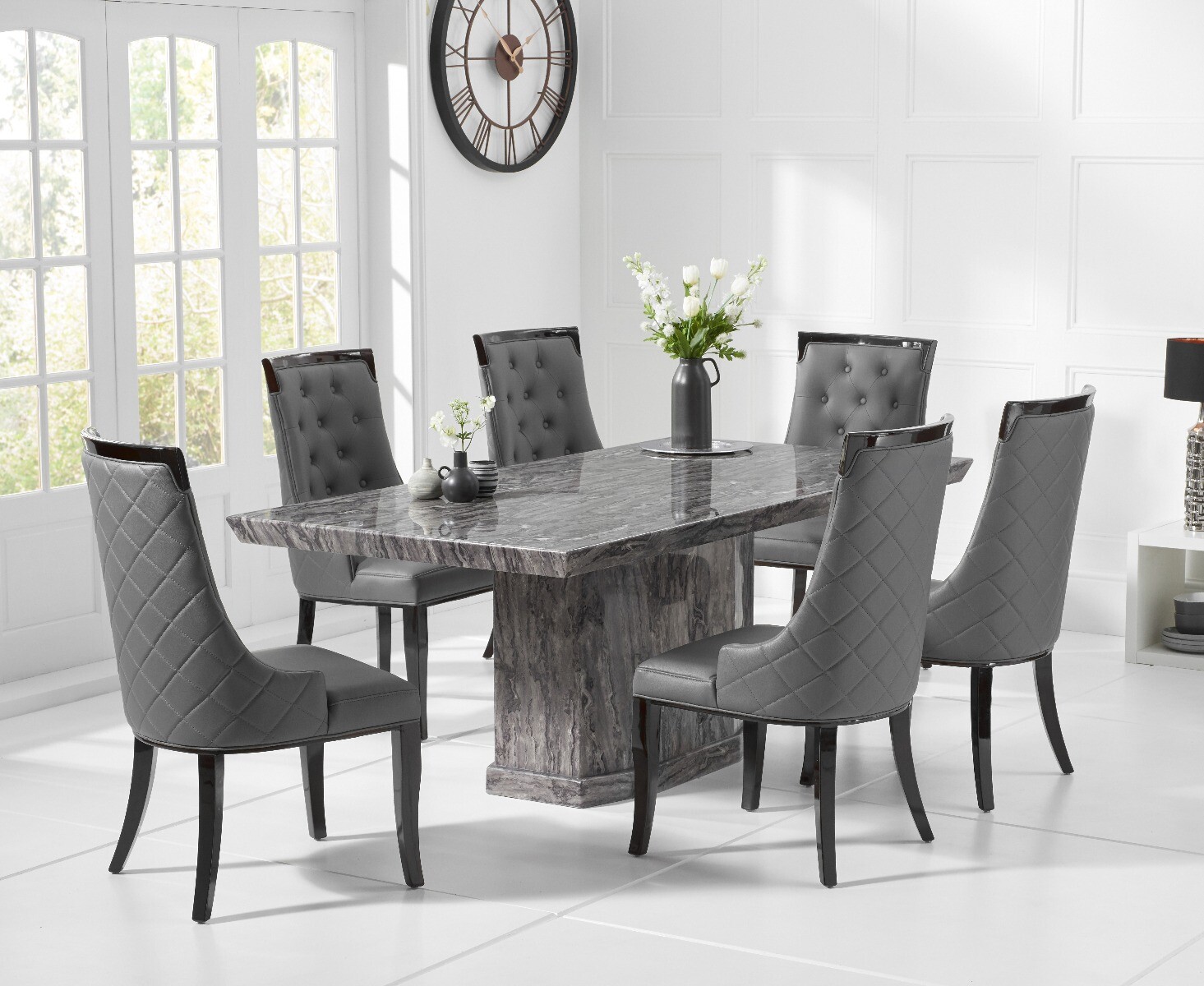 Product photograph of Carvelle 200cm Dark Grey Pedestal Marble Dining Table With 10 Cream Francesca Chairs from Oak Furniture Superstore