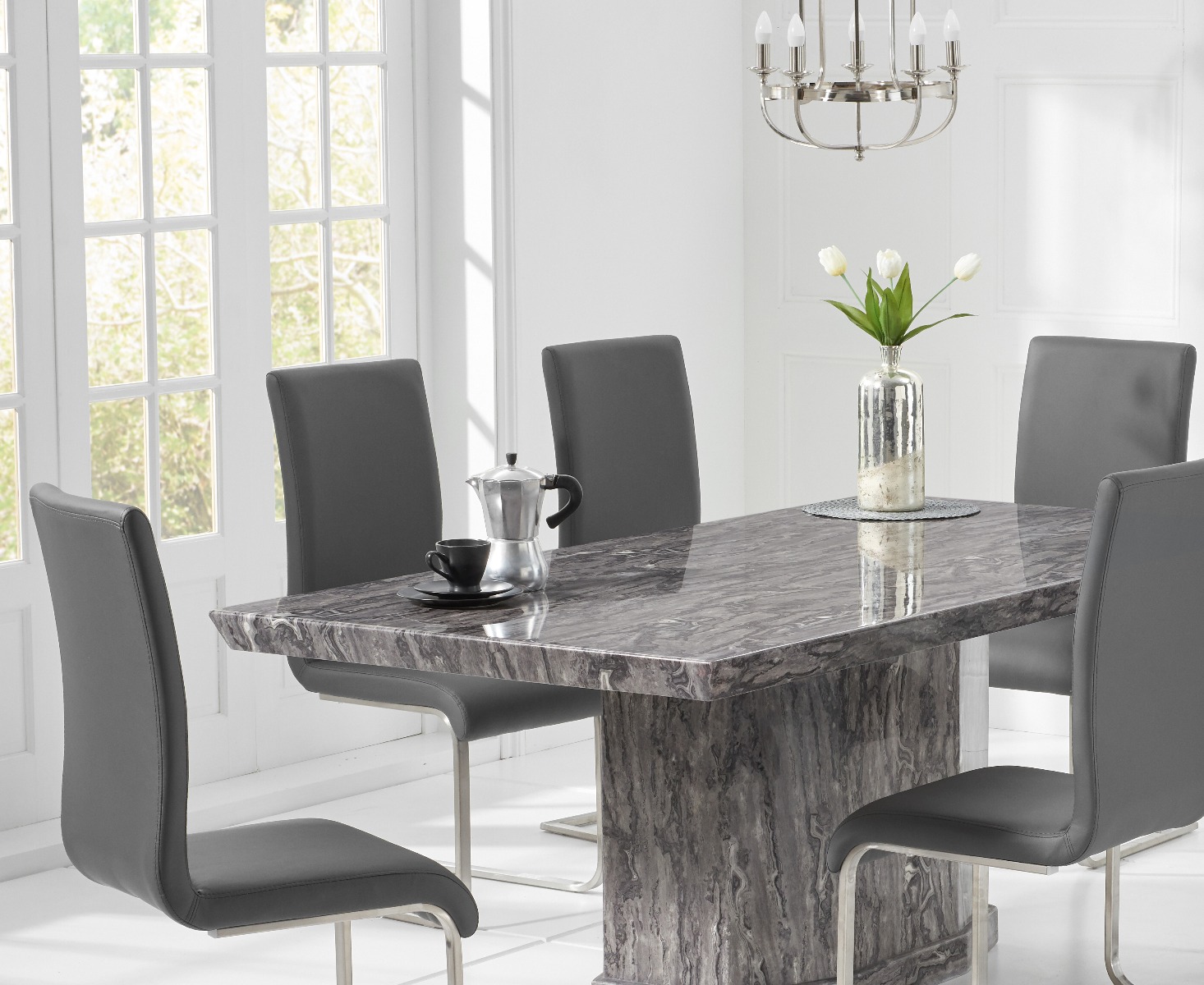Photo 1 of Carvelle 200cm dark grey pedestal marble dining table with 10 grey austin chairs