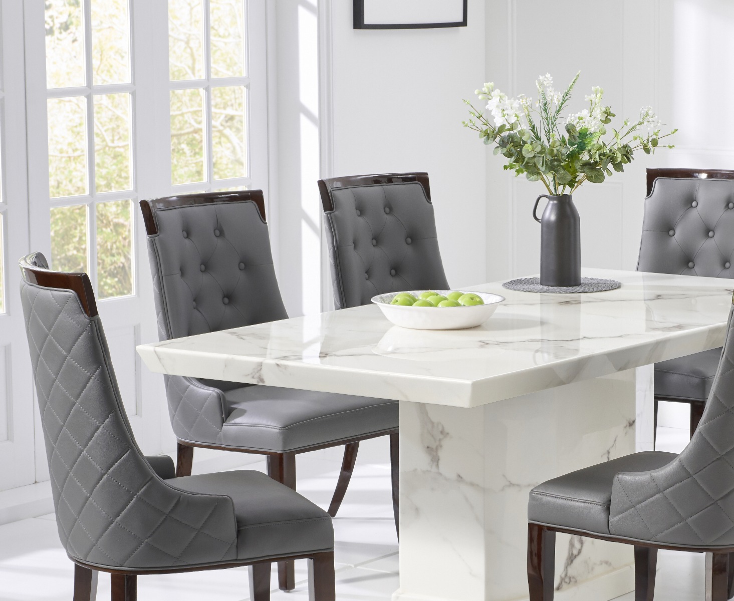 Photo 2 of Carvelle 160cm white pedestal marble dining table with 6 cream francesca chairs