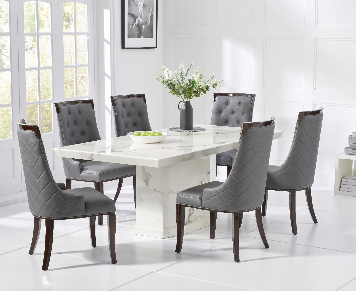 Product photograph of Carvelle 200cm White Pedestal Marble Dining Table With 6 Grey Francesca Chairs from Oak Furniture Superstore