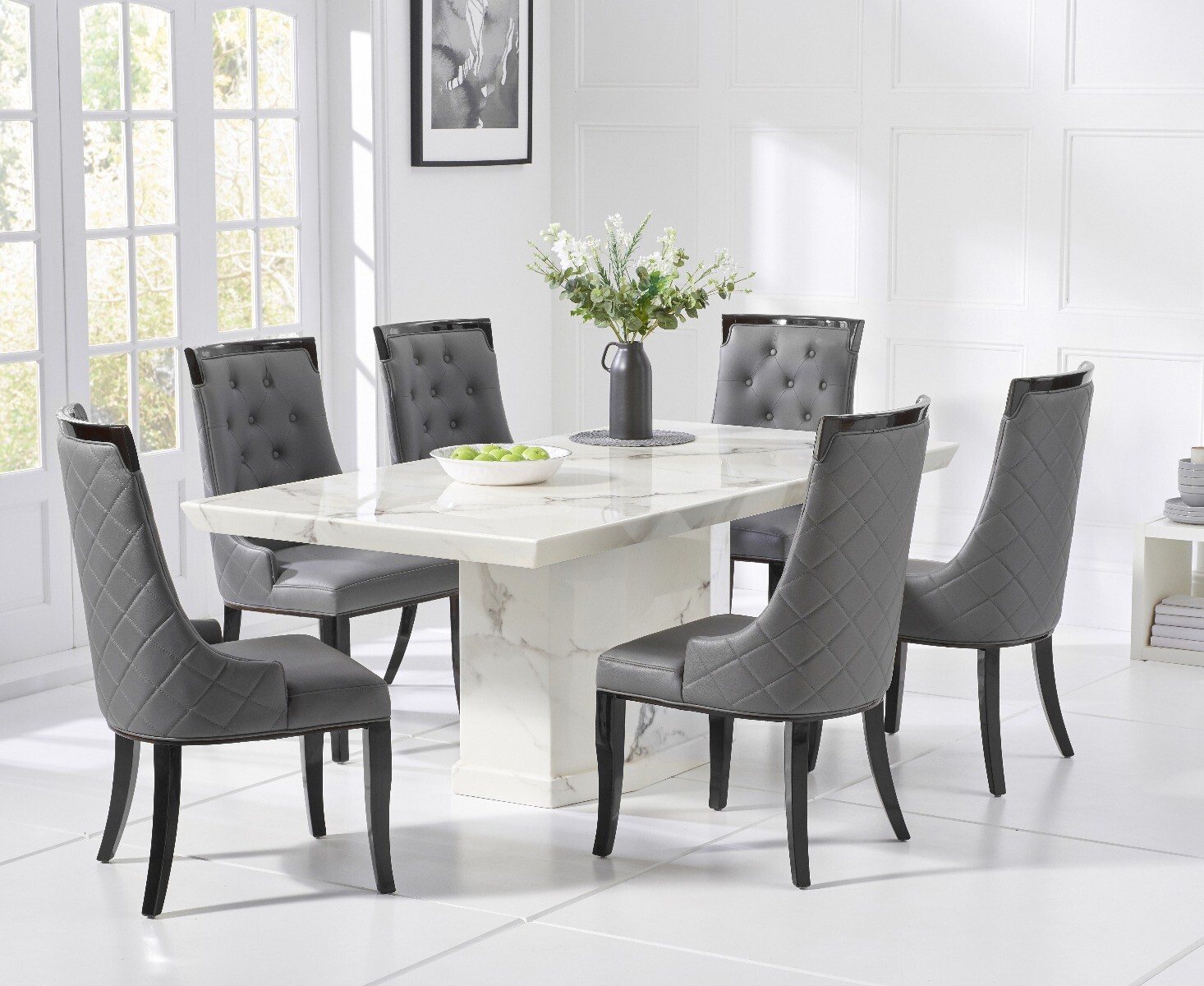 Product photograph of Carvelle 160cm White Pedestal Marble Dining Table With 4 Grey Francesca Chairs from Oak Furniture Superstore