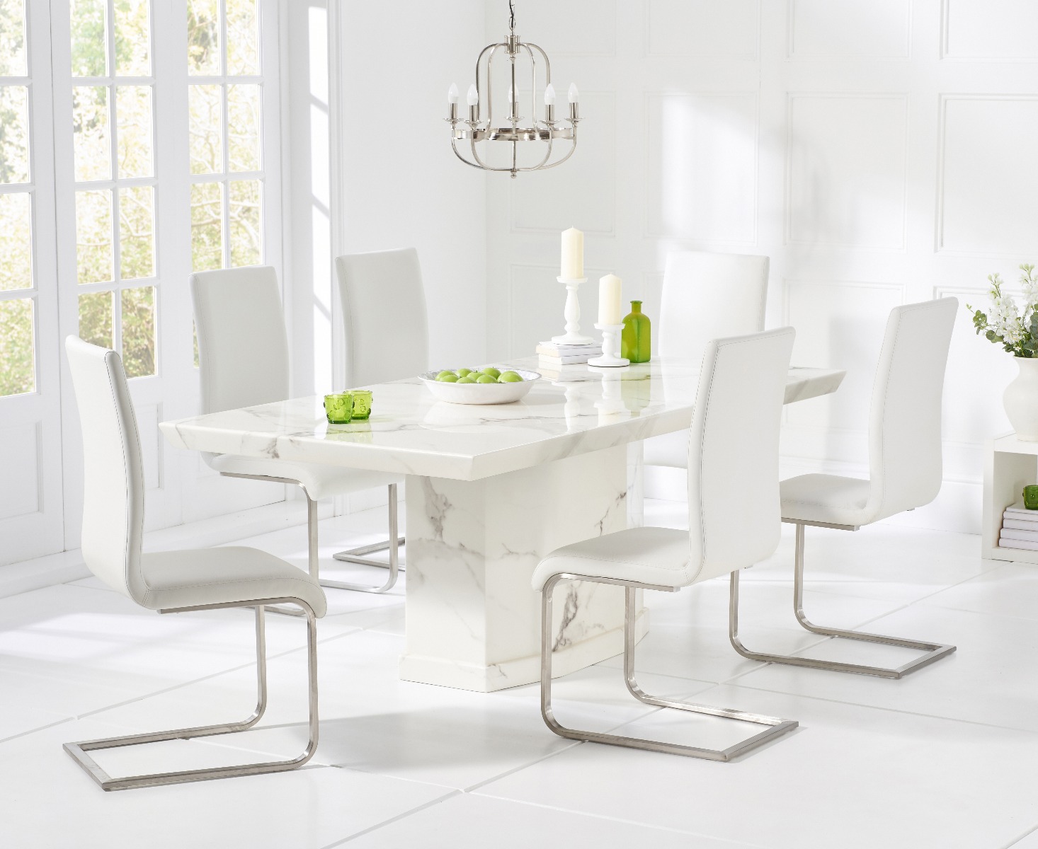 Photo 4 of Carvelle 160cm white pedestal marble dining table with 8 black austin chairs