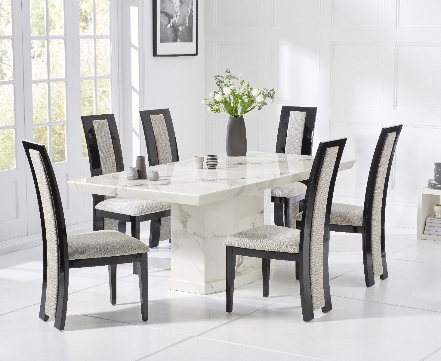 Carvelle 160cm White Pedestal Marble Dining Table With 8 Brown Novara Chairs