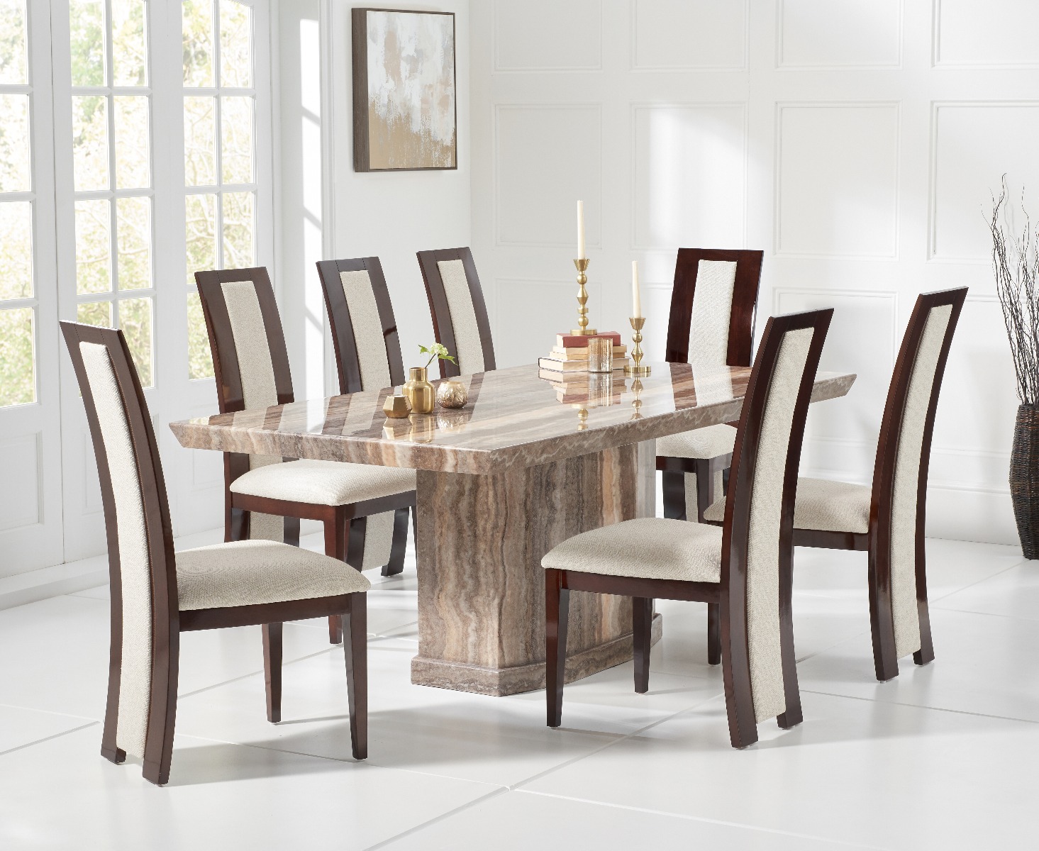 Product photograph of Carvelle 200cm Brown Pedestal Marble Dining Table With 8 Brown Novara Chairs from Oak Furniture Superstore