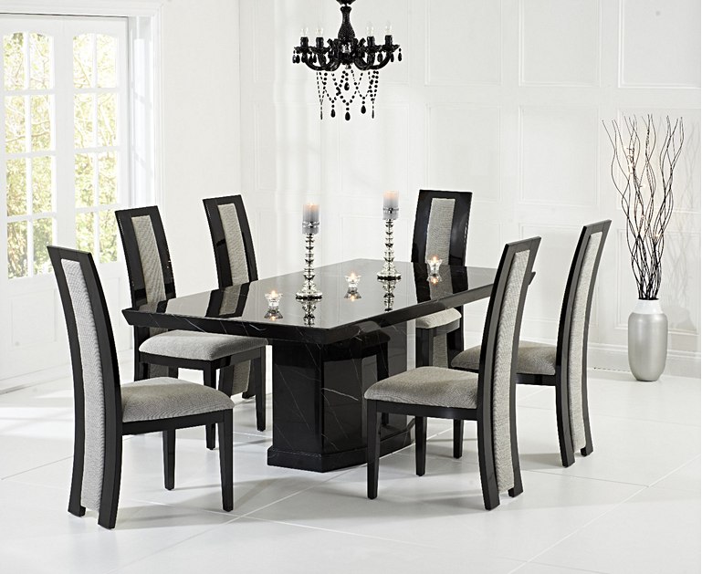 Product photograph of Carvelle 160cm Black Pedestal Marble Table With 8 Brown Novara Chairs from Oak Furniture Superstore