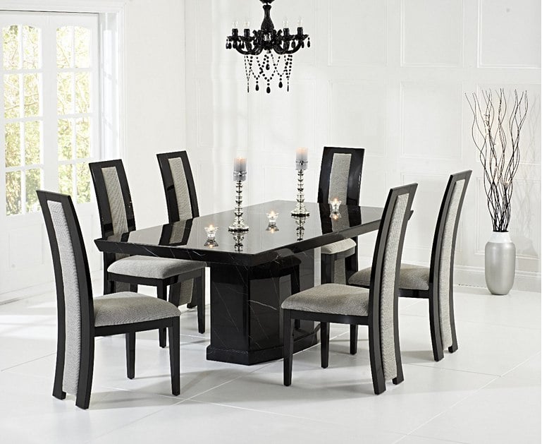 Carvelle 160cm Black Pedestal Marble Dining Table With 8 Black Novara Chairs