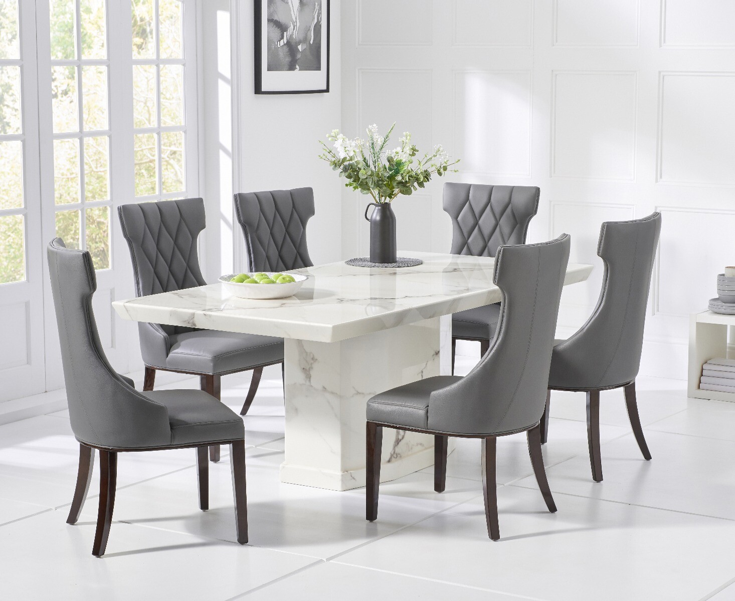 Product photograph of Carvelle 160cm White Pedestal Marble Dining Table With 6 Grey Sophia Chairs from Oak Furniture Superstore