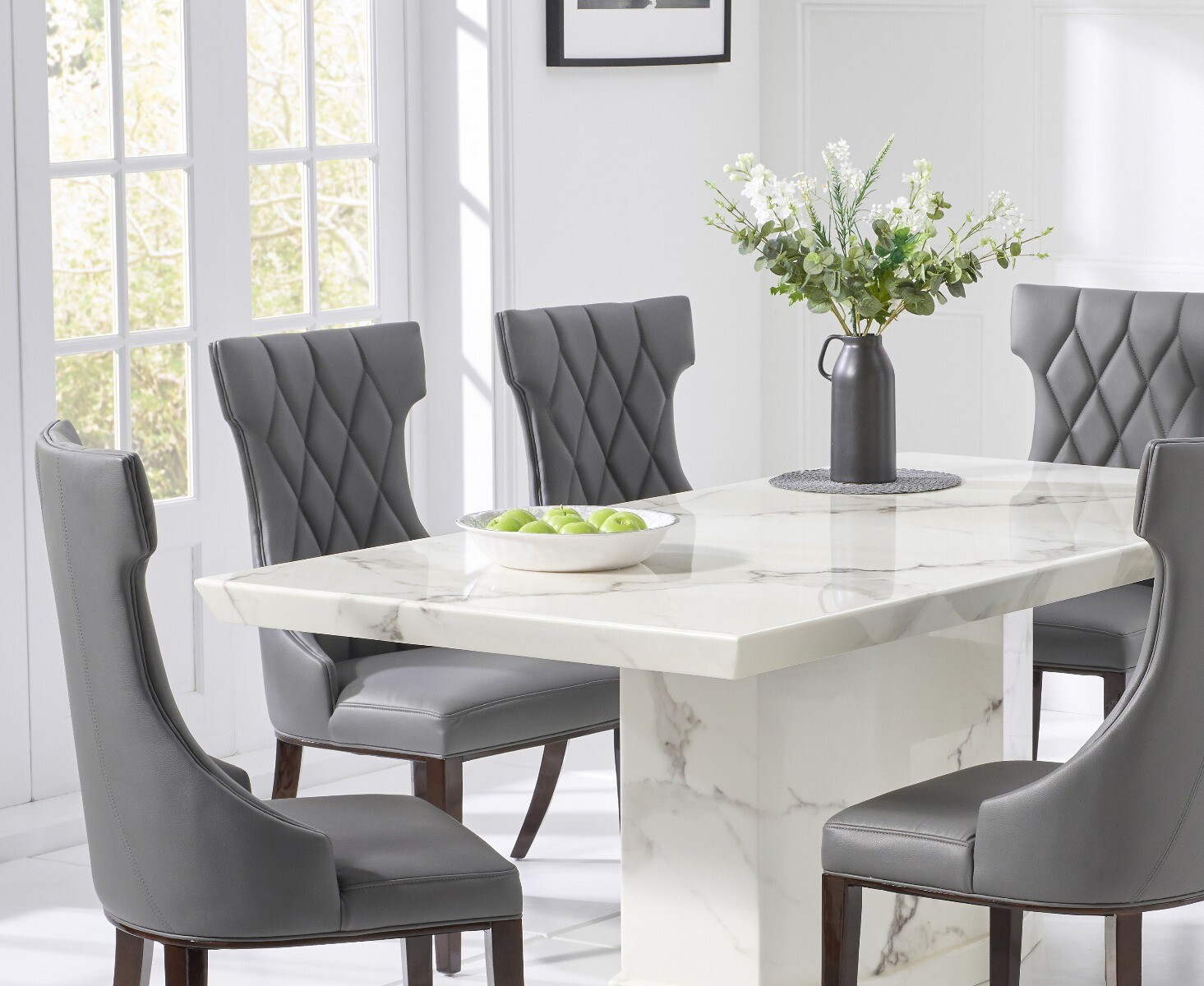 Photo 3 of Carvelle 160cm white pedestal marble dining table with 6 cream sophia chairs