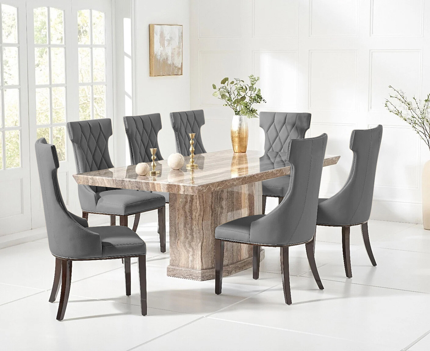 Photo 2 of Carvelle 160cm brown pedestal marble dining table with 6 cream sophia chairs