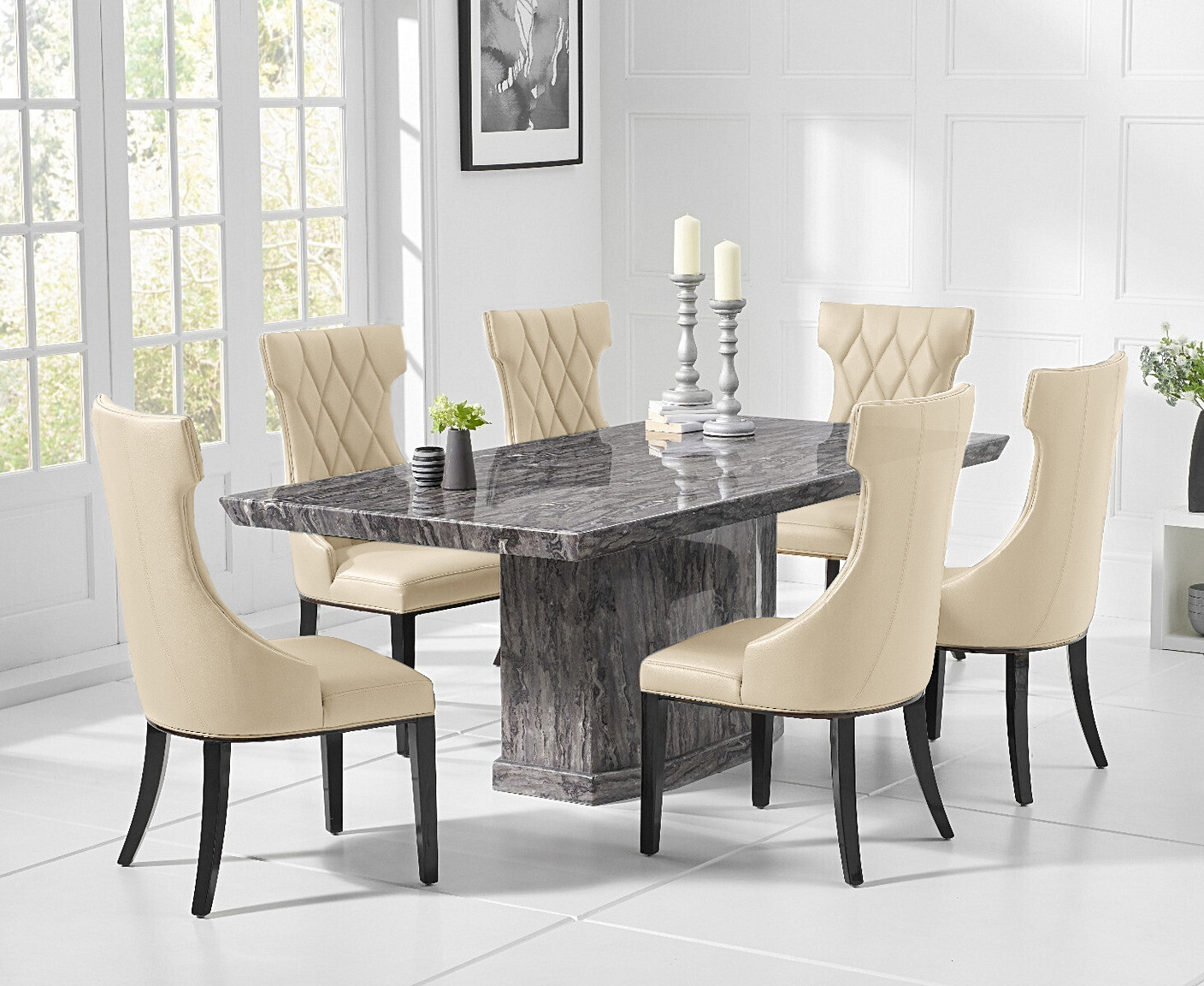 Photo 2 of Carvelle 160cm grey pedestal marble dining table with 6 cream sophia chairs